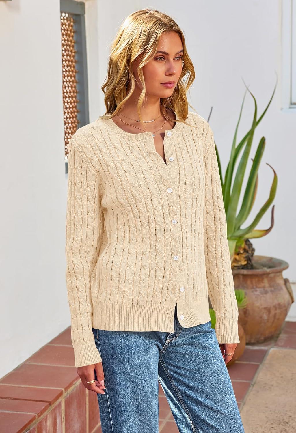 imageMEROKEETY Womens Cable Knit Open Front Cardigan Sweaters Fall Long Sleeve Button Down Soft OutwearApricot