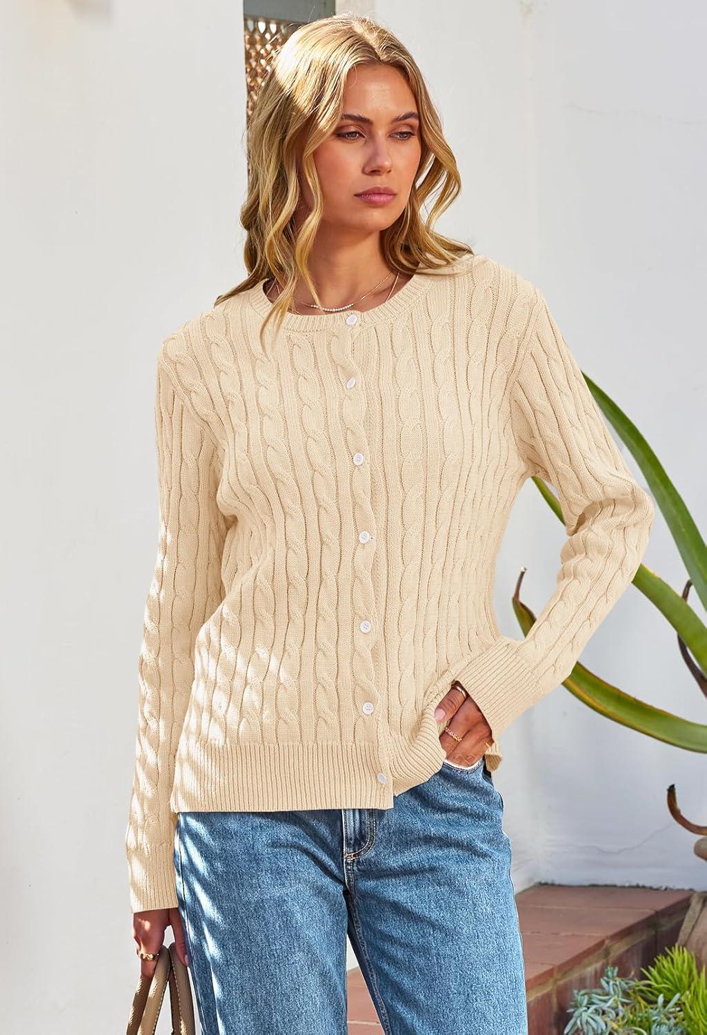 imageMEROKEETY Womens Cable Knit Open Front Cardigan Sweaters Fall Long Sleeve Button Down Soft OutwearApricot
