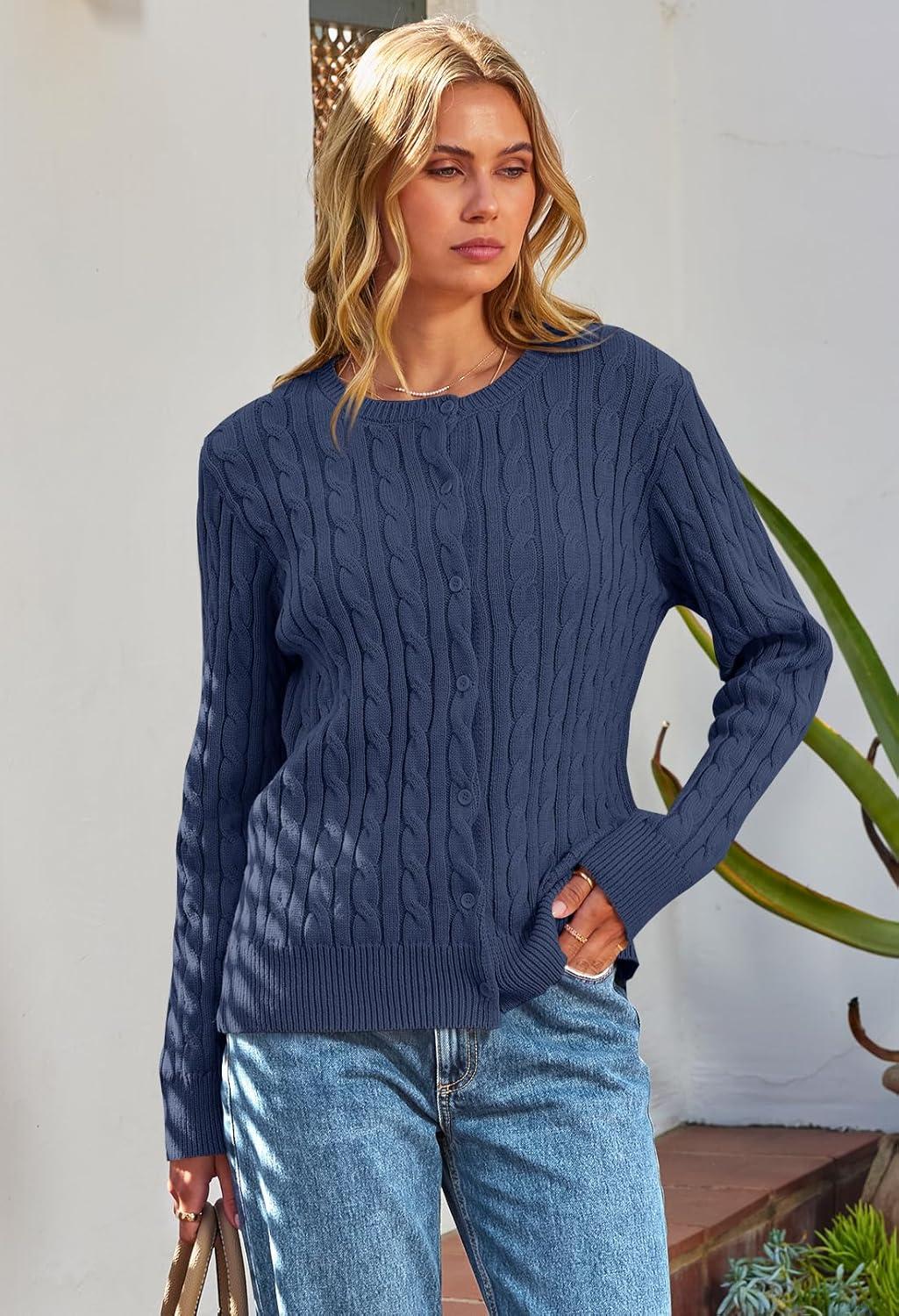 imageMEROKEETY Womens Cable Knit Open Front Cardigan Sweaters Fall Long Sleeve Button Down Soft OutwearNavy