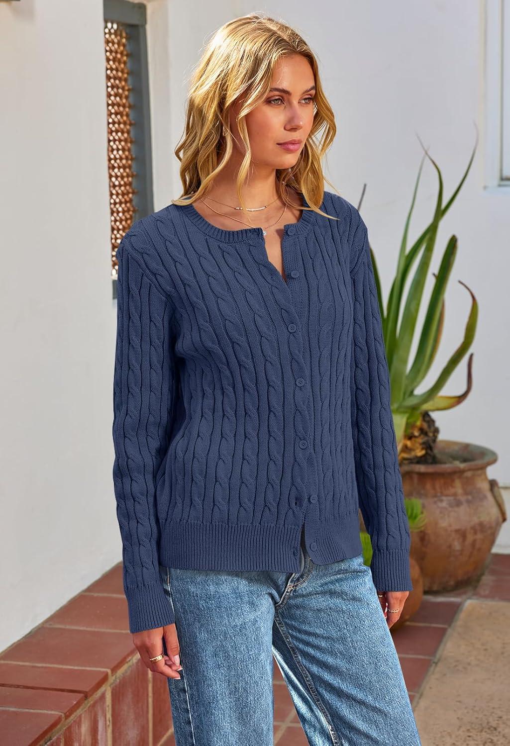 imageMEROKEETY Womens Cable Knit Open Front Cardigan Sweaters Fall Long Sleeve Button Down Soft OutwearNavy