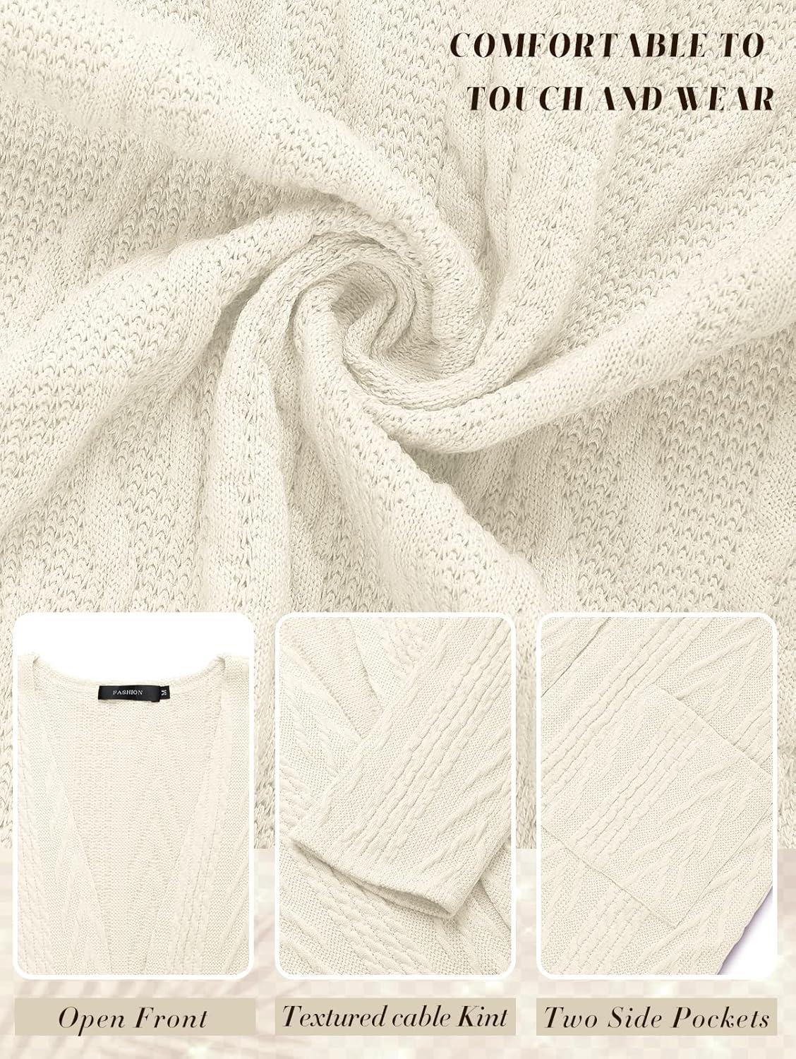imageMEROKEETY Womens Casual Long Sleeve Open Front Cable Knit Cardigans Lightweight Solid Color with PocketsBeige