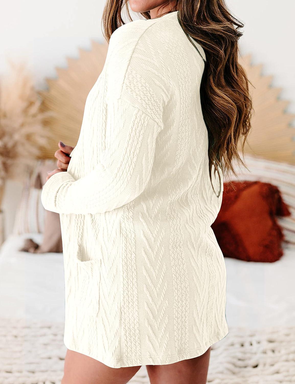 imageMEROKEETY Womens Casual Long Sleeve Open Front Cable Knit Cardigans Lightweight Solid Color with PocketsBeige