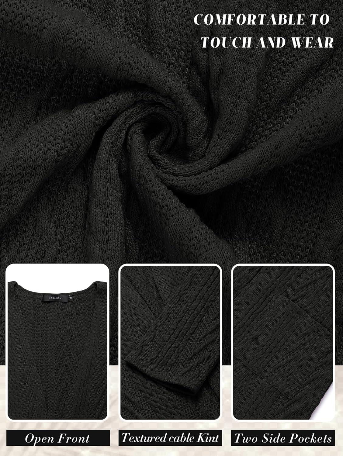 imageMEROKEETY Womens Casual Long Sleeve Open Front Cable Knit Cardigans Lightweight Solid Color with PocketsBlack
