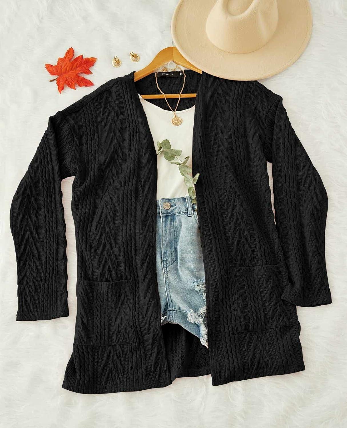 imageMEROKEETY Womens Casual Long Sleeve Open Front Cable Knit Cardigans Lightweight Solid Color with PocketsBlack