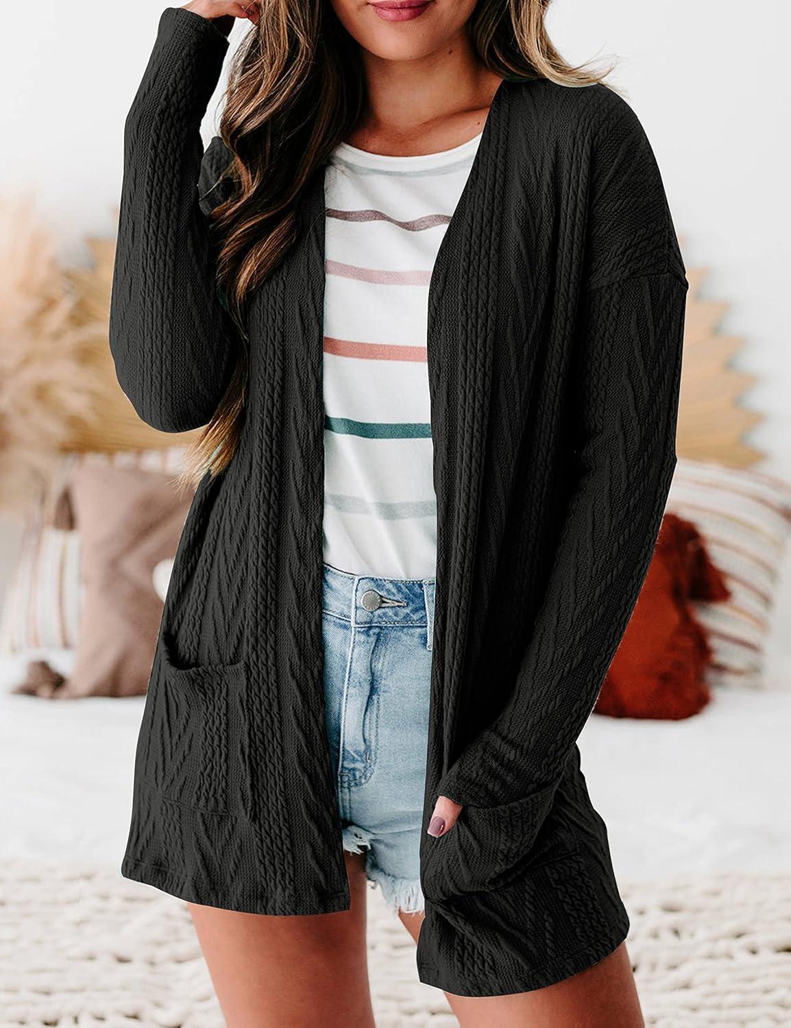 imageMEROKEETY Womens Casual Long Sleeve Open Front Cable Knit Cardigans Lightweight Solid Color with PocketsBlack