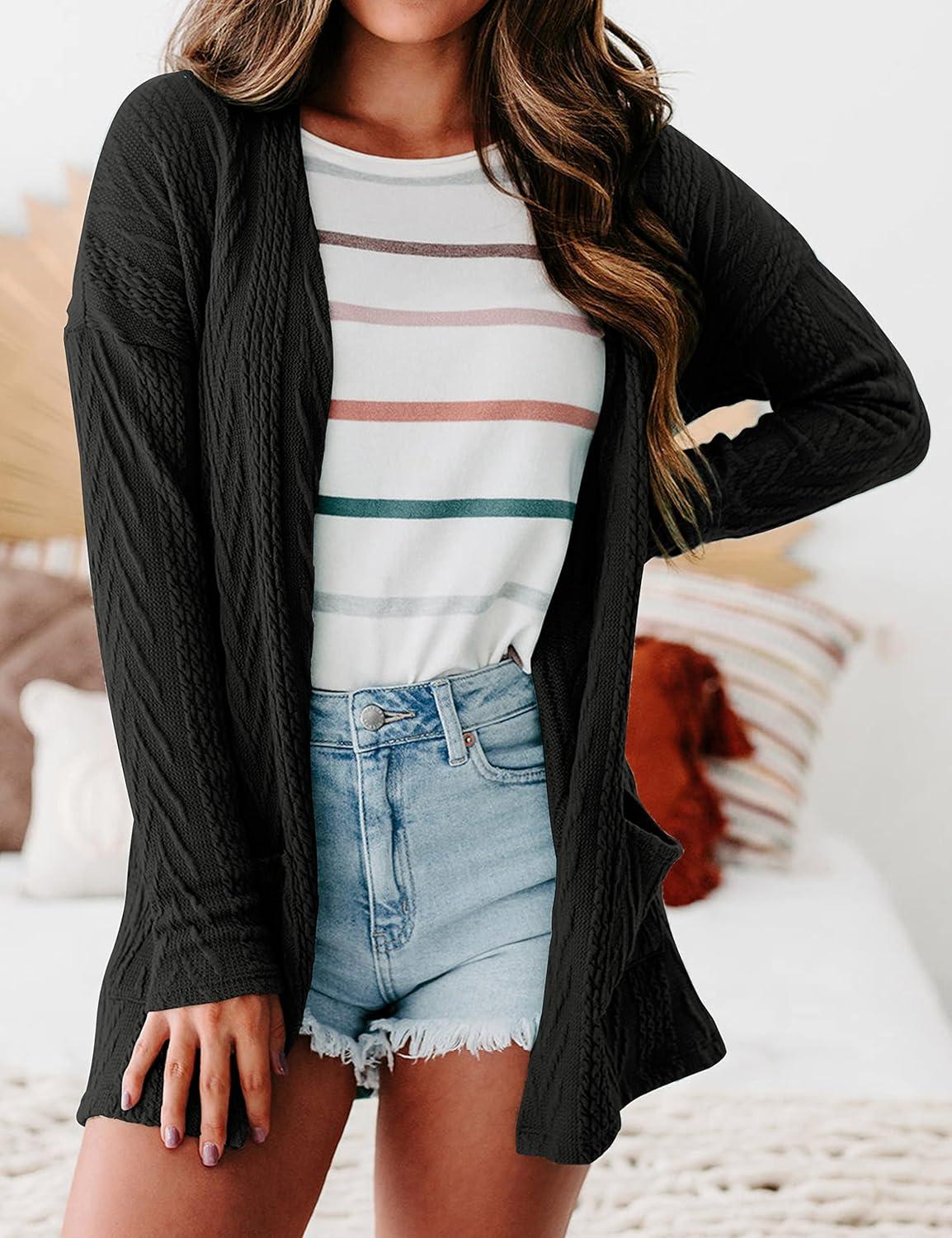 imageMEROKEETY Womens Casual Long Sleeve Open Front Cable Knit Cardigans Lightweight Solid Color with PocketsBlack