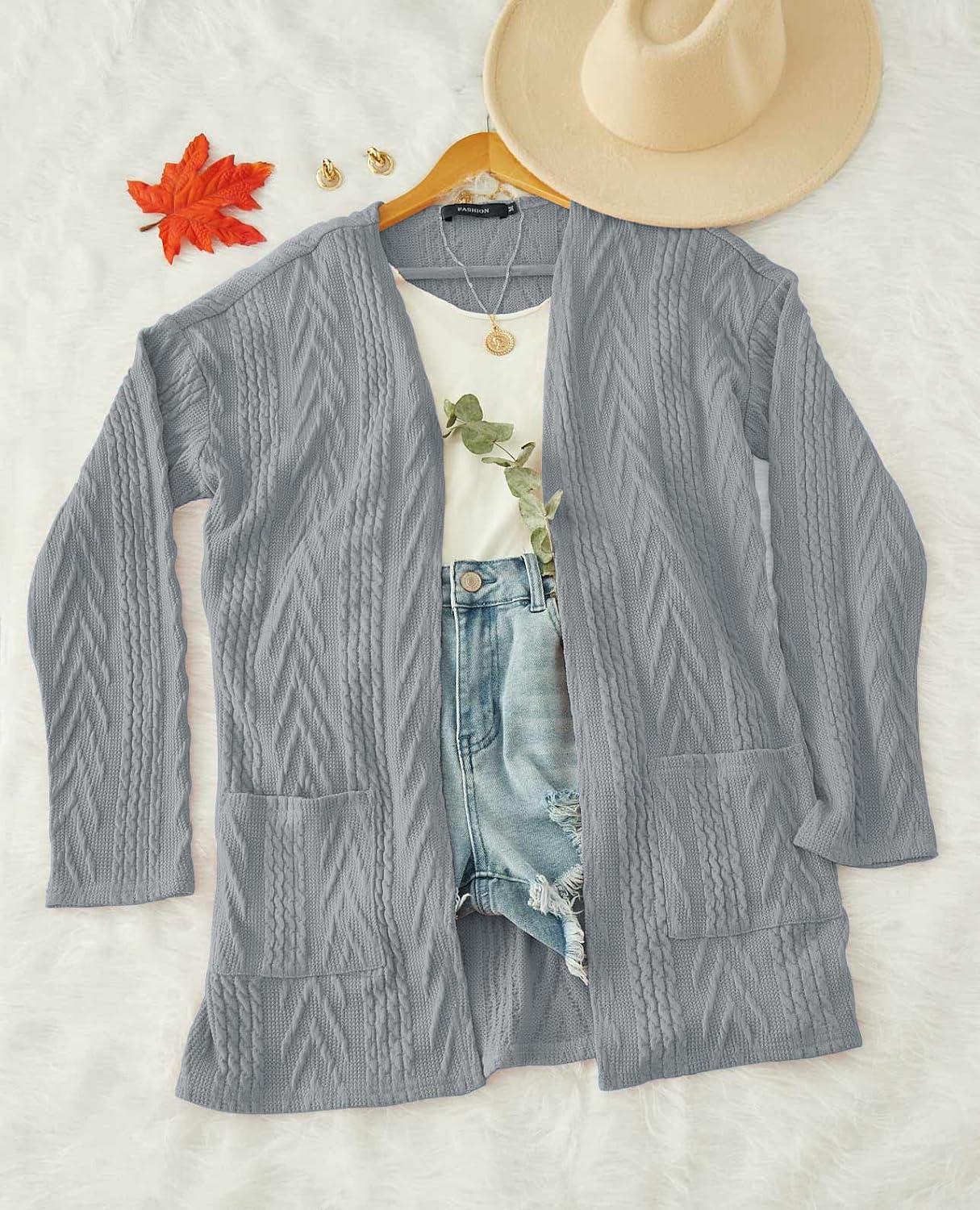 imageMEROKEETY Womens Casual Long Sleeve Open Front Cable Knit Cardigans Lightweight Solid Color with PocketsGrey