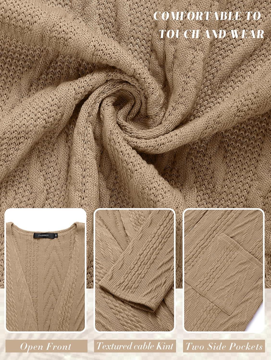 imageMEROKEETY Womens Casual Long Sleeve Open Front Cable Knit Cardigans Lightweight Solid Color with PocketsKhaki