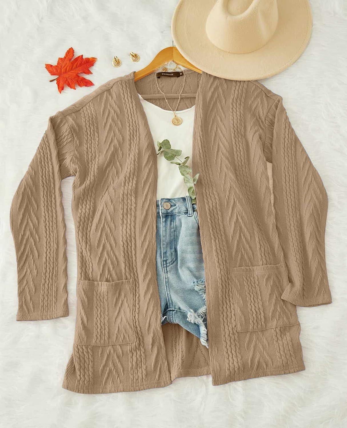 imageMEROKEETY Womens Casual Long Sleeve Open Front Cable Knit Cardigans Lightweight Solid Color with PocketsKhaki
