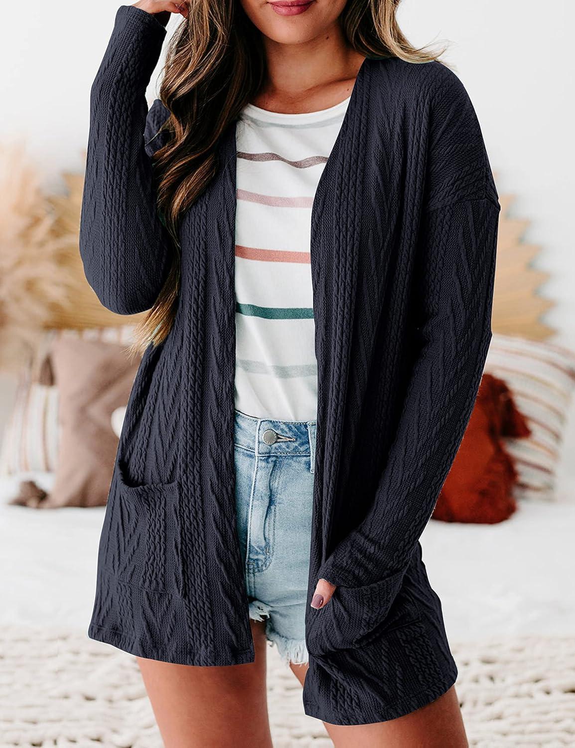 imageMEROKEETY Womens Casual Long Sleeve Open Front Cable Knit Cardigans Lightweight Solid Color with PocketsNavy
