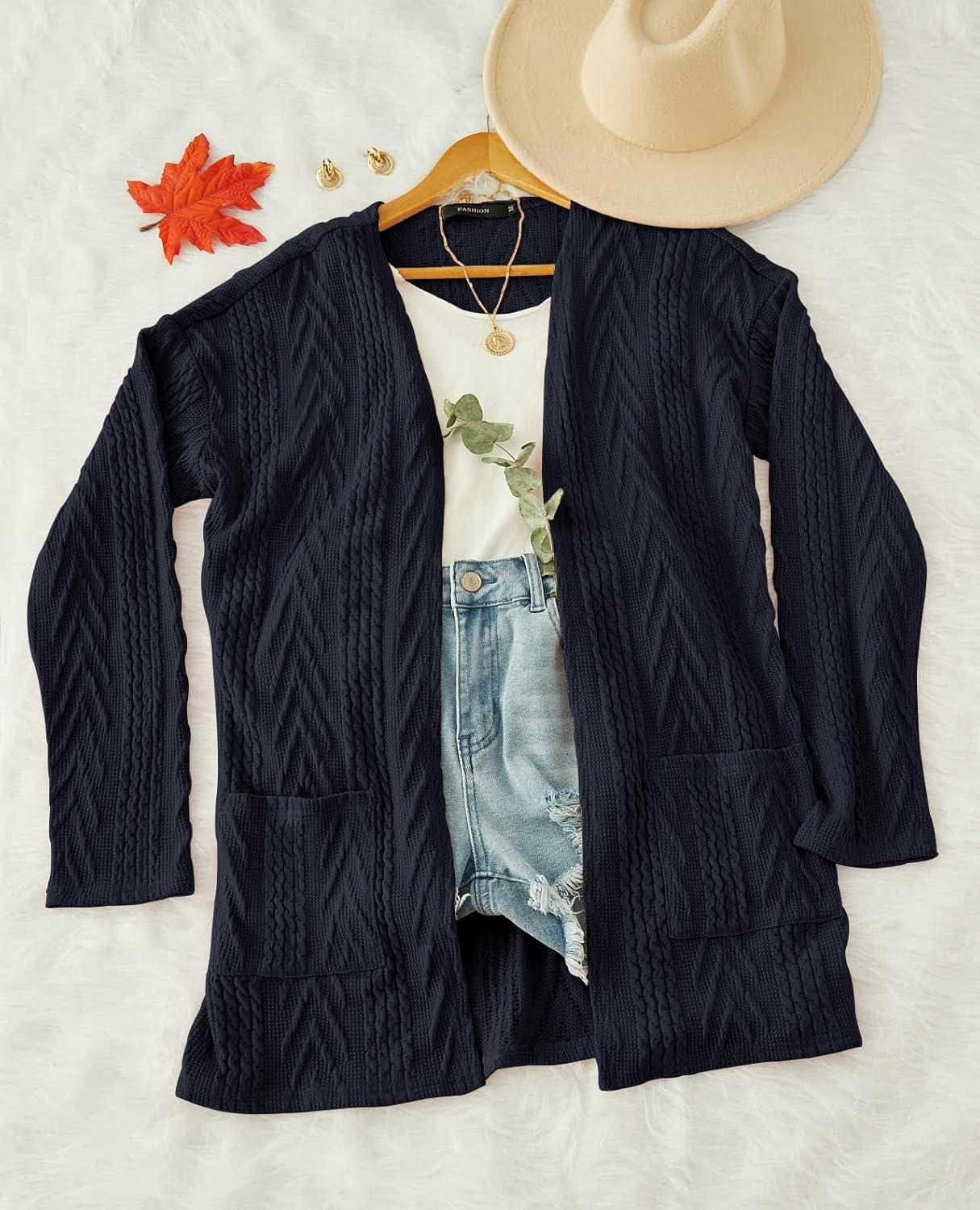 imageMEROKEETY Womens Casual Long Sleeve Open Front Cable Knit Cardigans Lightweight Solid Color with PocketsNavy