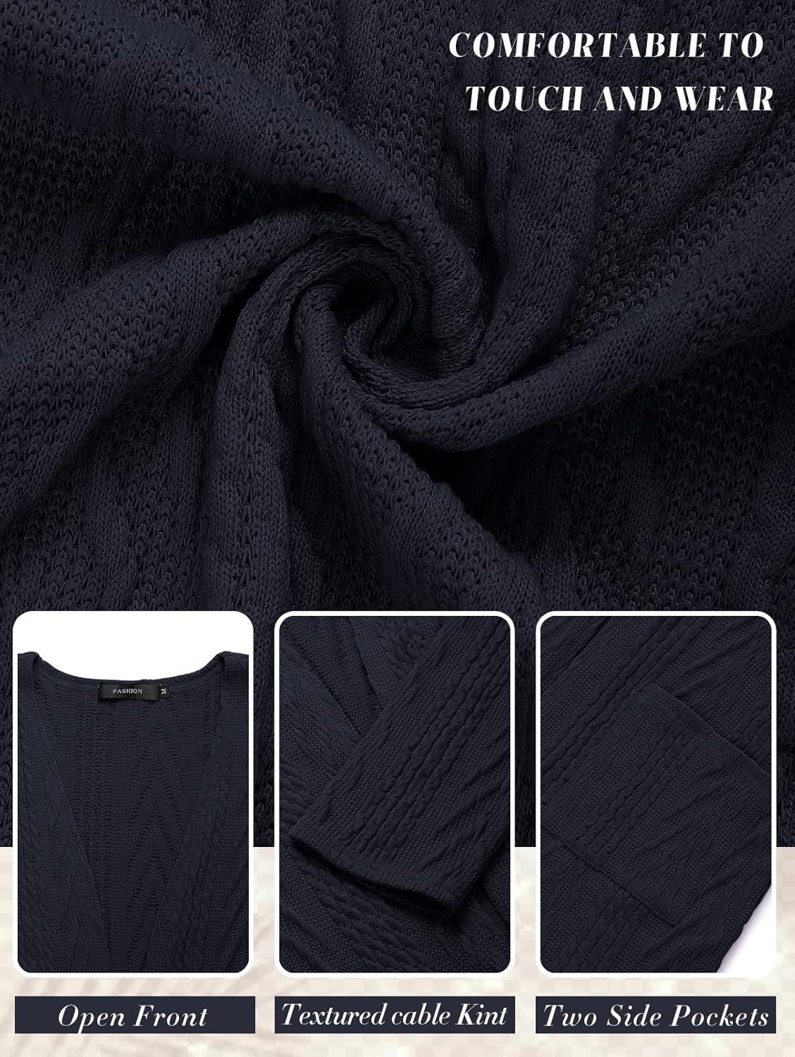 imageMEROKEETY Womens Casual Long Sleeve Open Front Cable Knit Cardigans Lightweight Solid Color with PocketsNavy