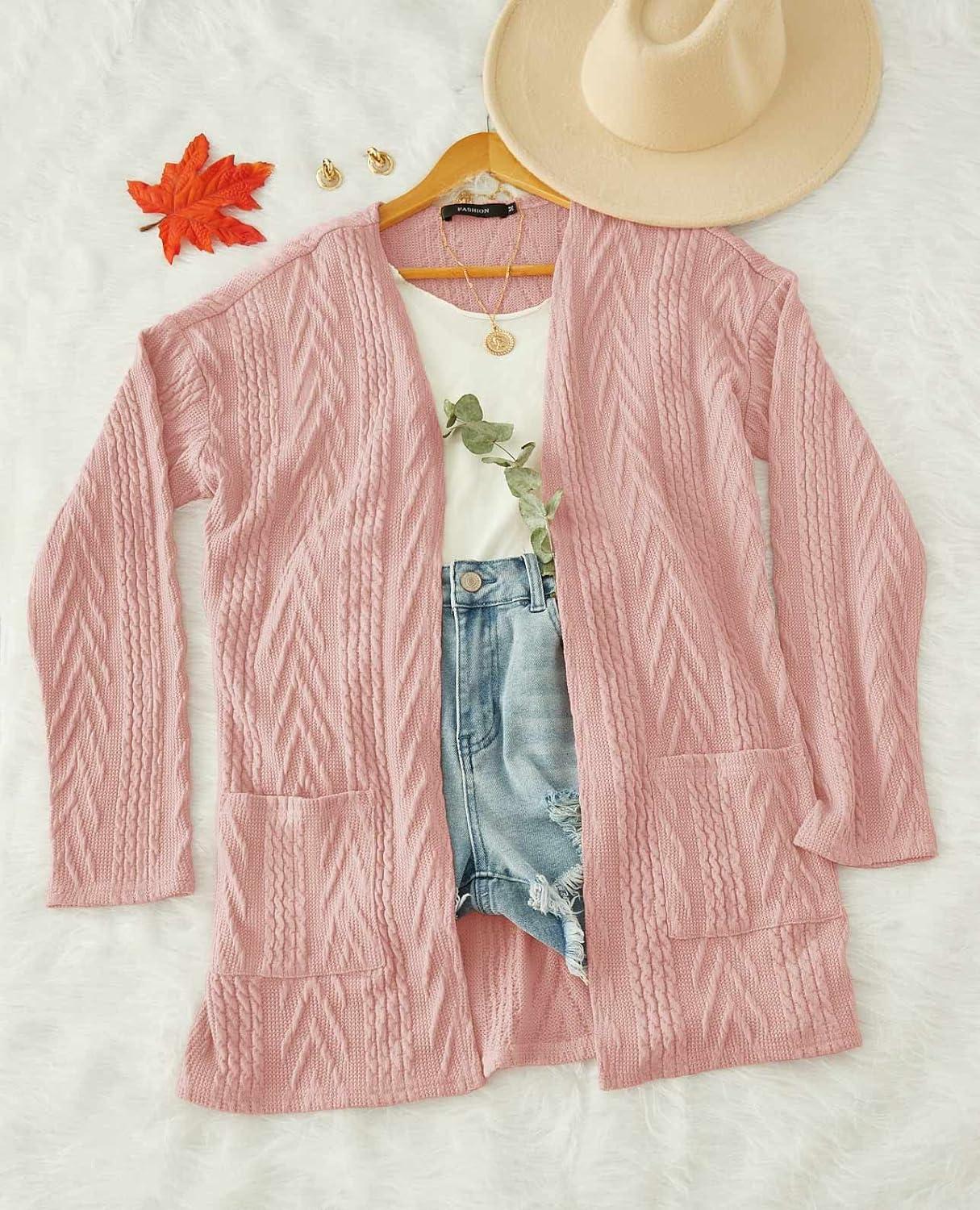 imageMEROKEETY Womens Casual Long Sleeve Open Front Cable Knit Cardigans Lightweight Solid Color with PocketsPink