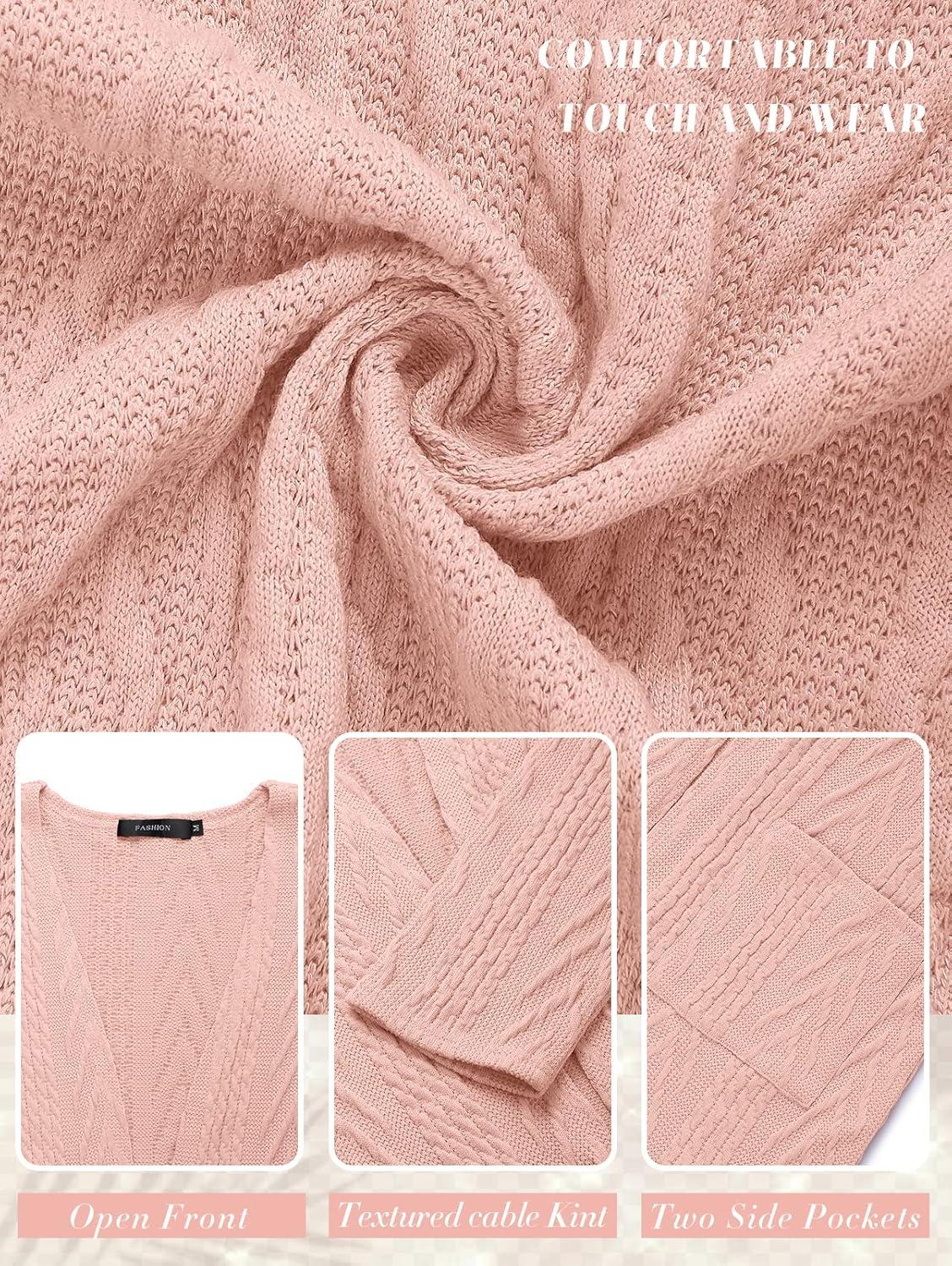 imageMEROKEETY Womens Casual Long Sleeve Open Front Cable Knit Cardigans Lightweight Solid Color with PocketsPink