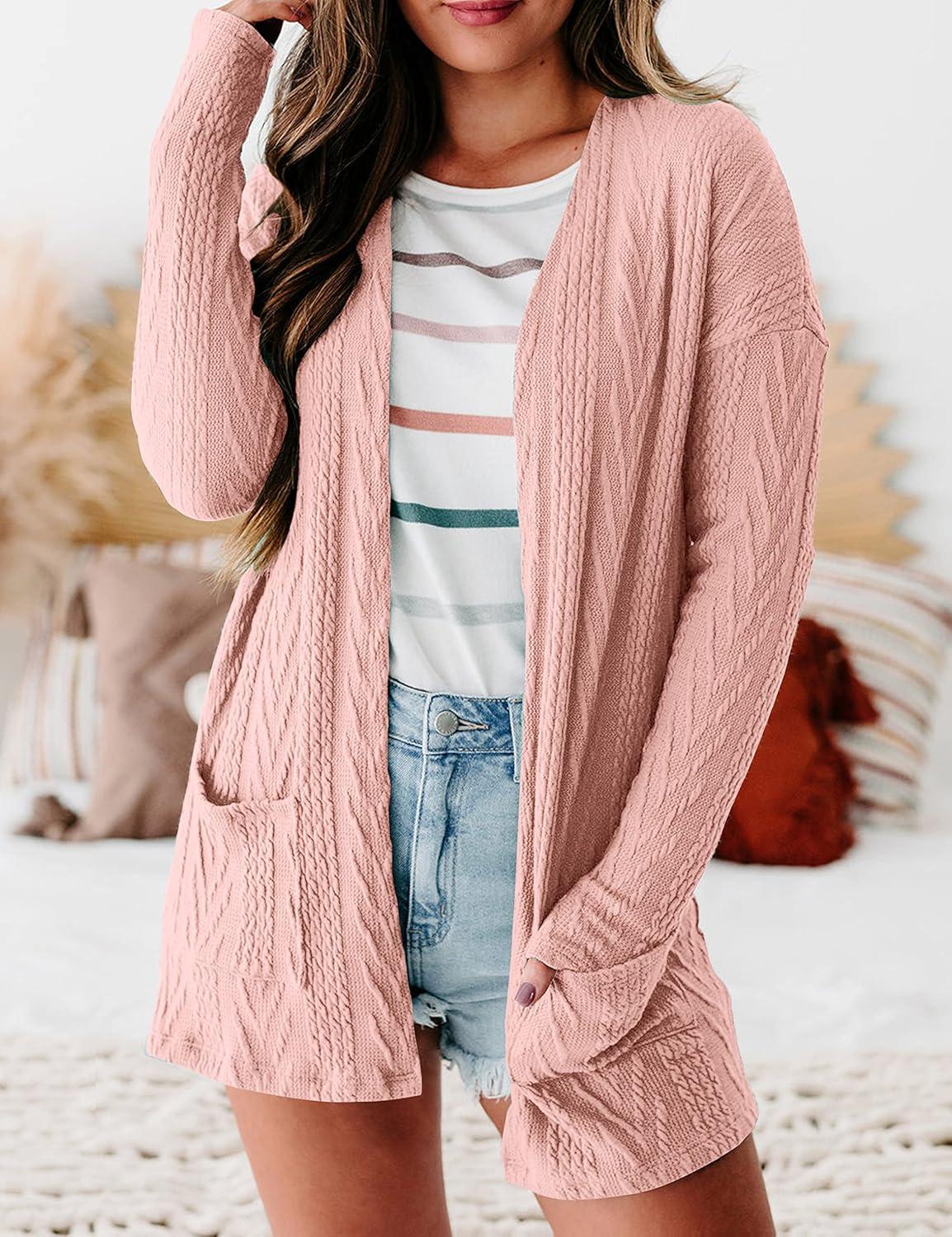 imageMEROKEETY Womens Casual Long Sleeve Open Front Cable Knit Cardigans Lightweight Solid Color with PocketsPink