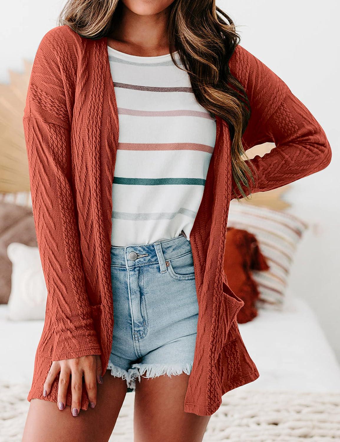 imageMEROKEETY Womens Casual Long Sleeve Open Front Cable Knit Cardigans Lightweight Solid Color with PocketsRust