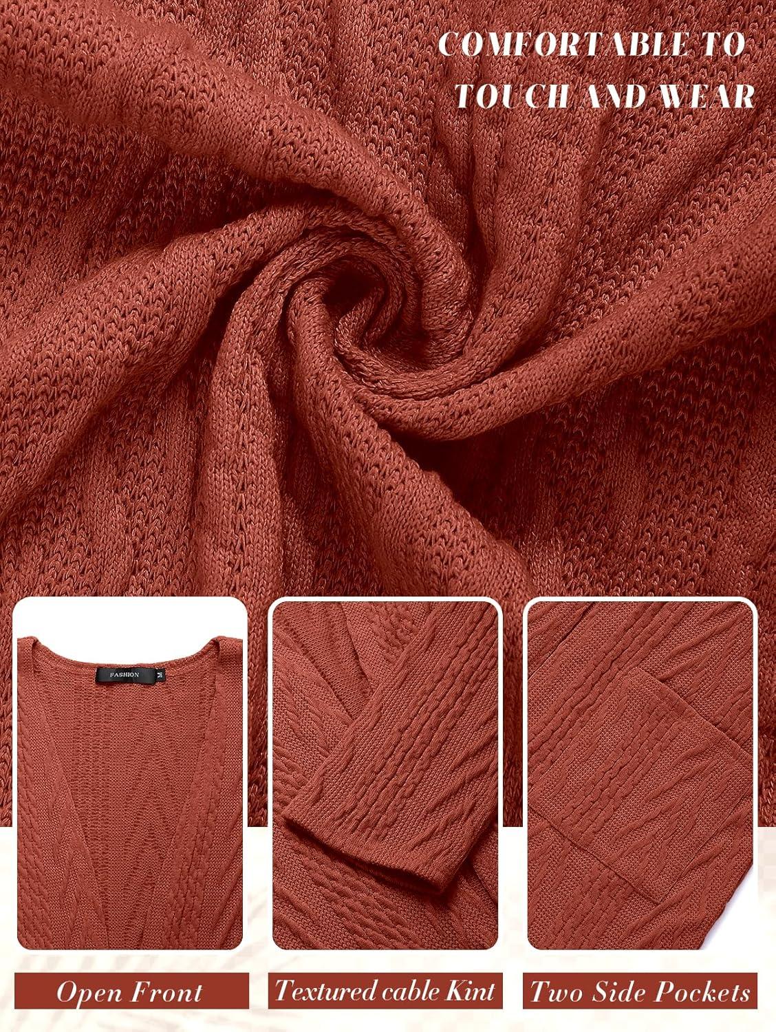 imageMEROKEETY Womens Casual Long Sleeve Open Front Cable Knit Cardigans Lightweight Solid Color with PocketsRust