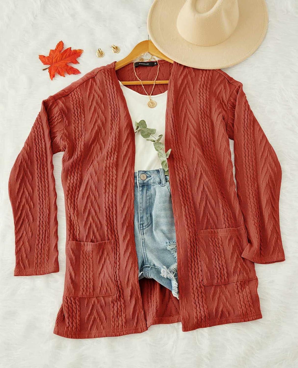 imageMEROKEETY Womens Casual Long Sleeve Open Front Cable Knit Cardigans Lightweight Solid Color with PocketsRust