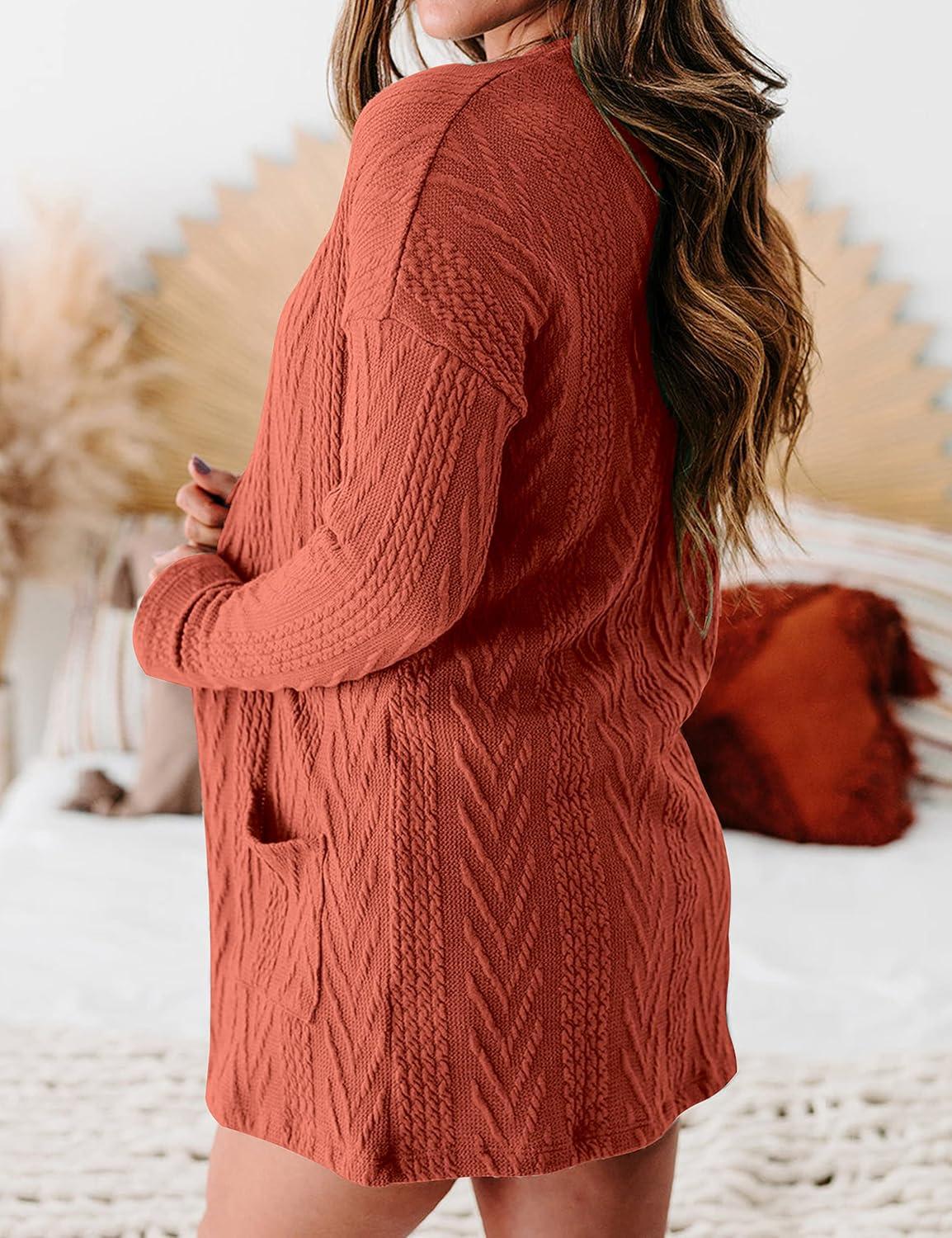 imageMEROKEETY Womens Casual Long Sleeve Open Front Cable Knit Cardigans Lightweight Solid Color with PocketsRust