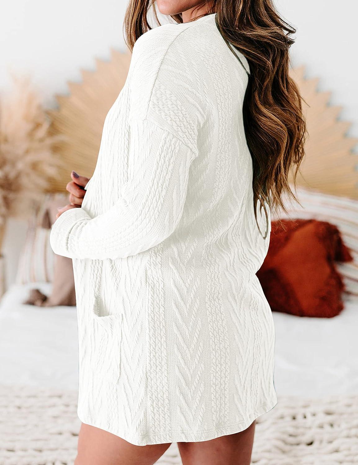 imageMEROKEETY Womens Casual Long Sleeve Open Front Cable Knit Cardigans Lightweight Solid Color with PocketsWhite