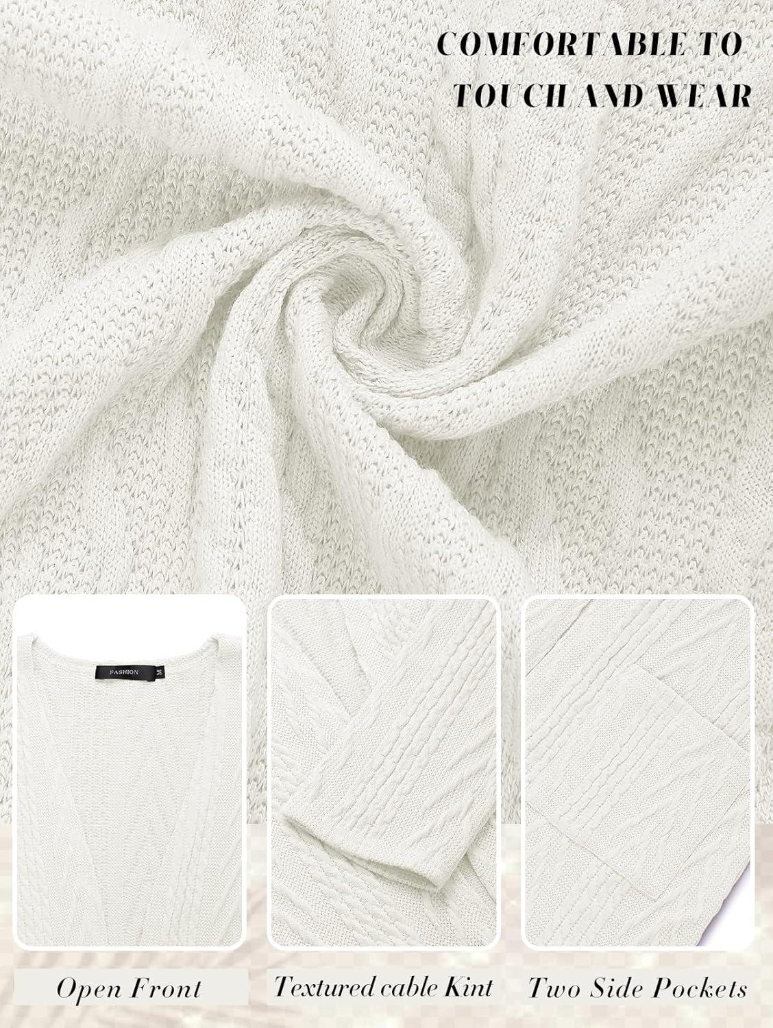 imageMEROKEETY Womens Casual Long Sleeve Open Front Cable Knit Cardigans Lightweight Solid Color with PocketsWhite
