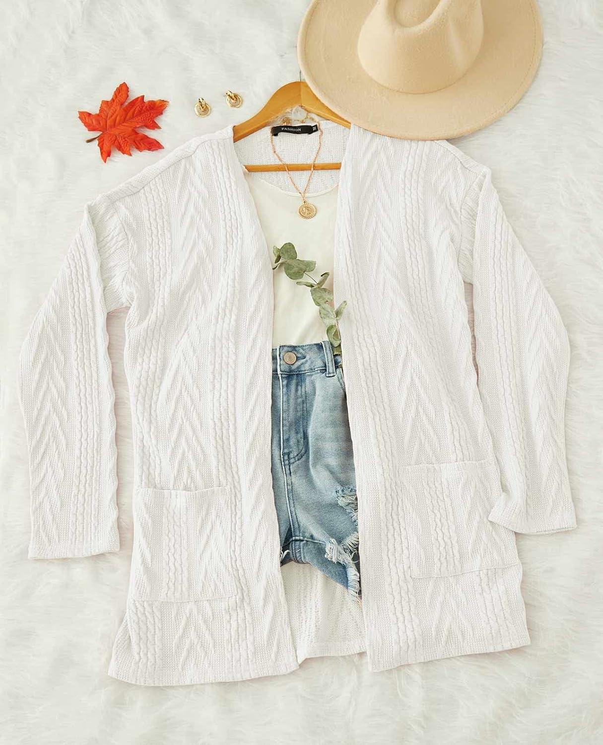 imageMEROKEETY Womens Casual Long Sleeve Open Front Cable Knit Cardigans Lightweight Solid Color with PocketsWhite