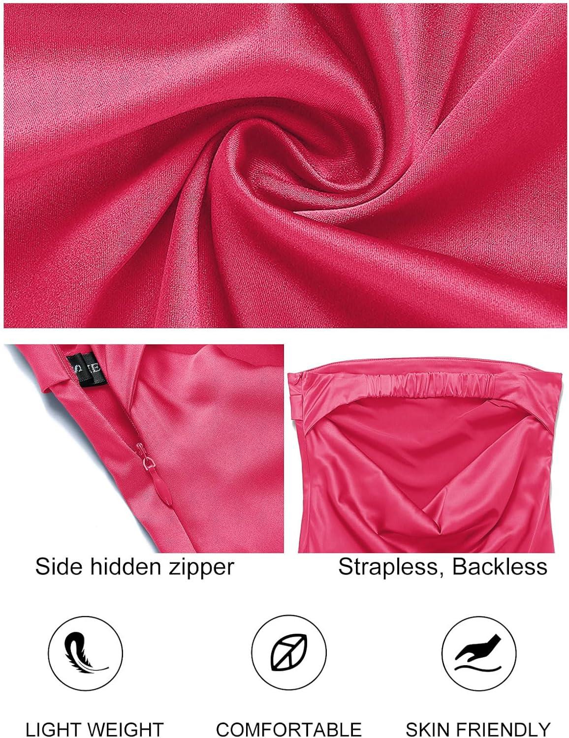 imageMEROKEETY Womens Cocktail Dresses Summer 2026 Satin Strapless Tube Bodycon Backless Wedding Guest Formal Party Maxi DressHot Pink