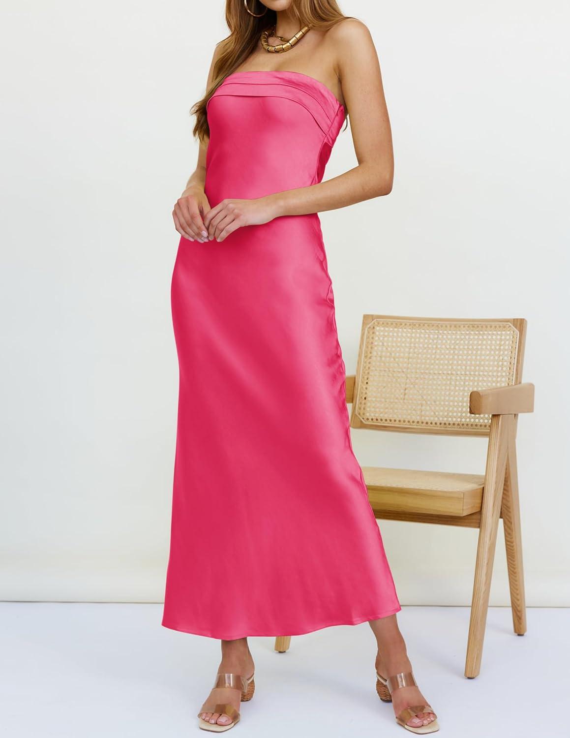 imageMEROKEETY Womens Cocktail Dresses Summer 2026 Satin Strapless Tube Bodycon Backless Wedding Guest Formal Party Maxi DressHot Pink