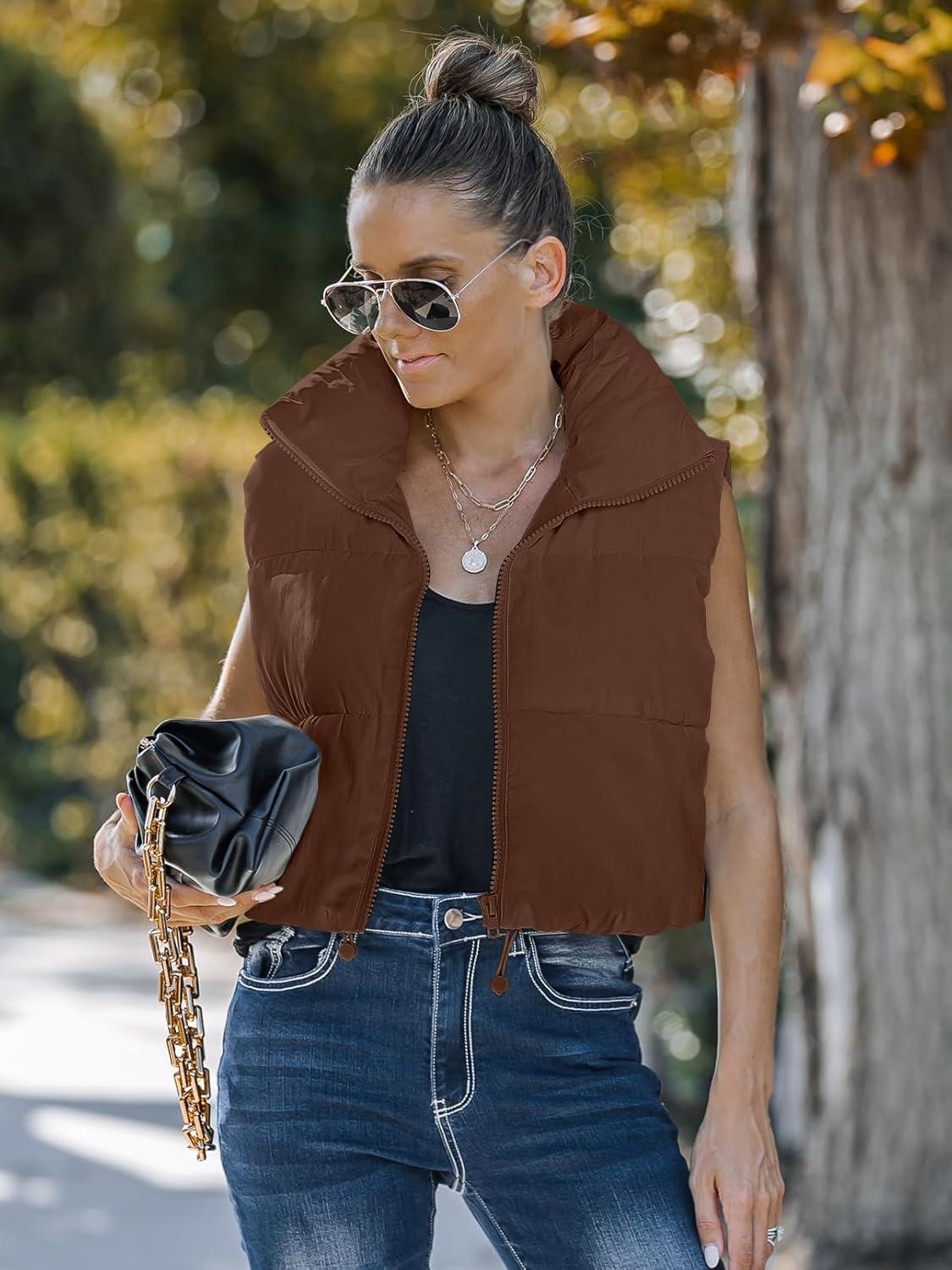 imageMEROKEETY Womens Crop Puffer Vest Lightweight Stand Collar Sleeveless Zip Up Padded Gilet CoatCoffee