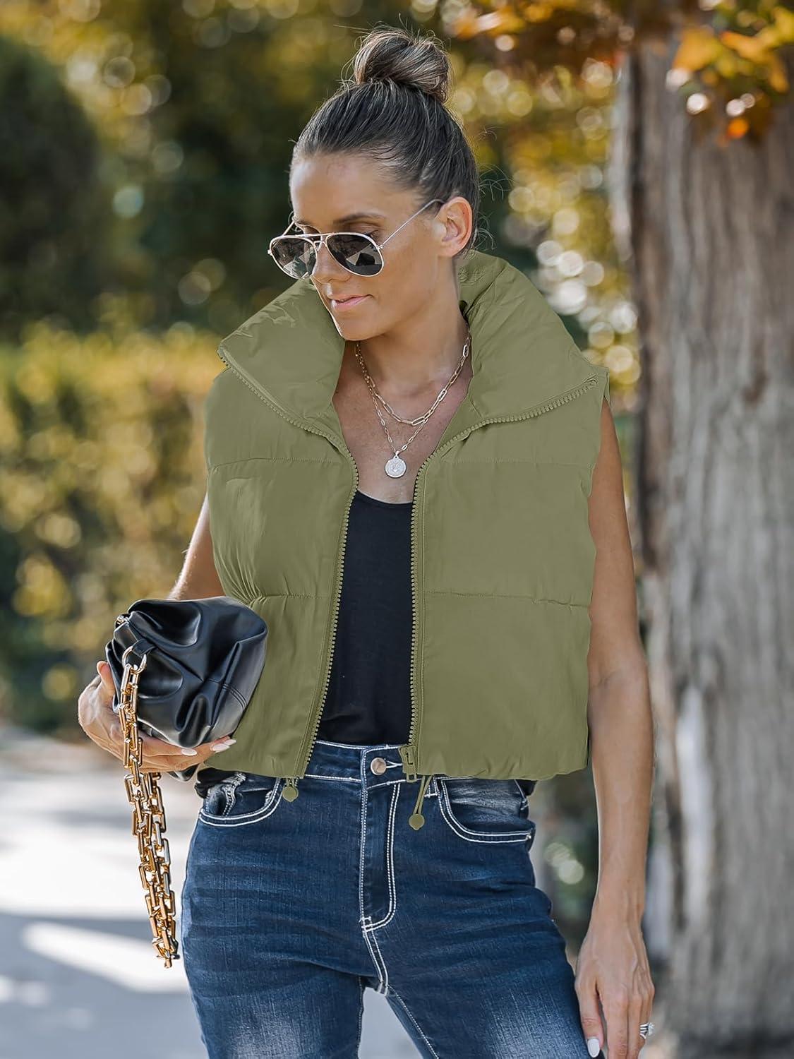 imageMEROKEETY Womens Crop Puffer Vest Lightweight Stand Collar Sleeveless Zip Up Padded Gilet CoatPea Green