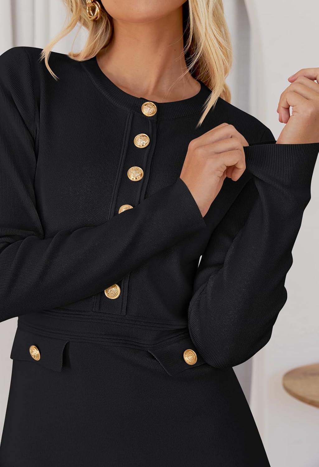 imageMEROKEETY Womens Fall 2026 Long Sleeve Bodycon Sweater Dress Button Crew Neck Winter Formal Mini DressesBlack