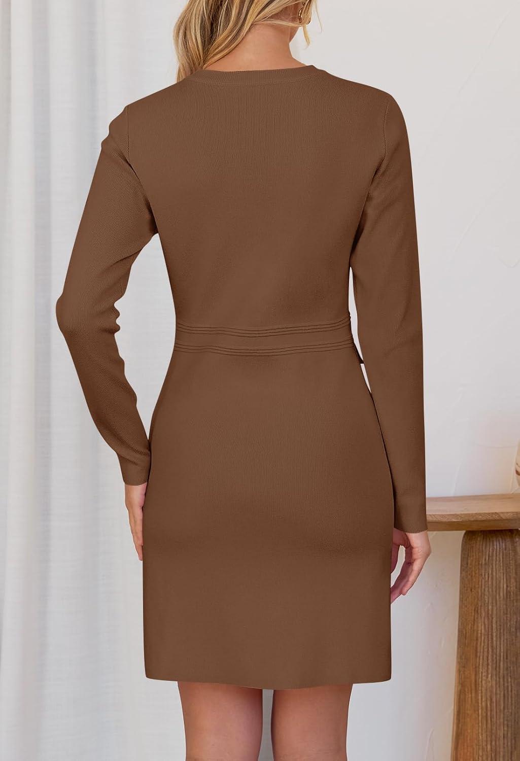 imageMEROKEETY Womens Fall 2026 Long Sleeve Bodycon Sweater Dress Button Crew Neck Winter Formal Mini DressesCoffee