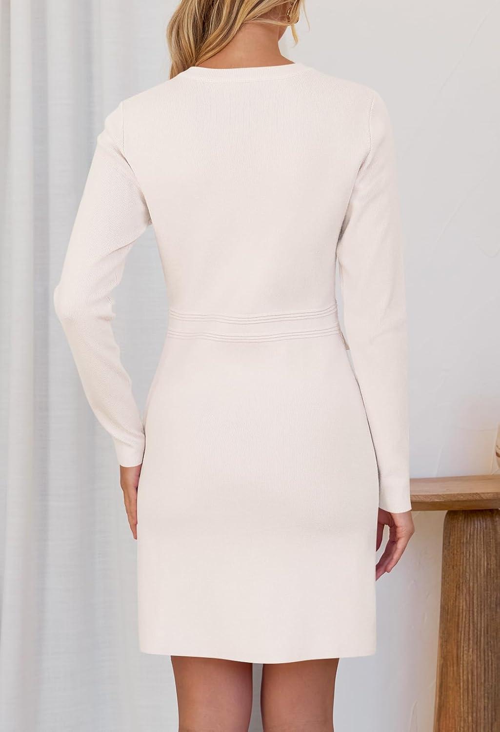 imageMEROKEETY Womens Fall 2026 Long Sleeve Bodycon Sweater Dress Button Crew Neck Winter Formal Mini DressesIvory
