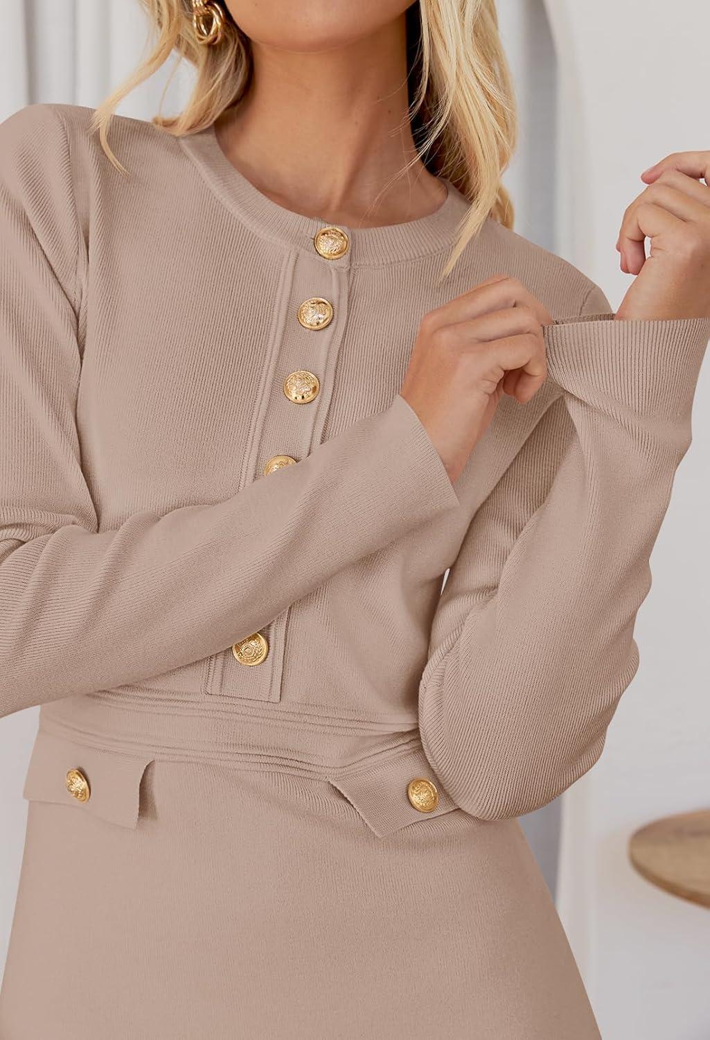 imageMEROKEETY Womens Fall 2026 Long Sleeve Bodycon Sweater Dress Button Crew Neck Winter Formal Mini DressesKhaki