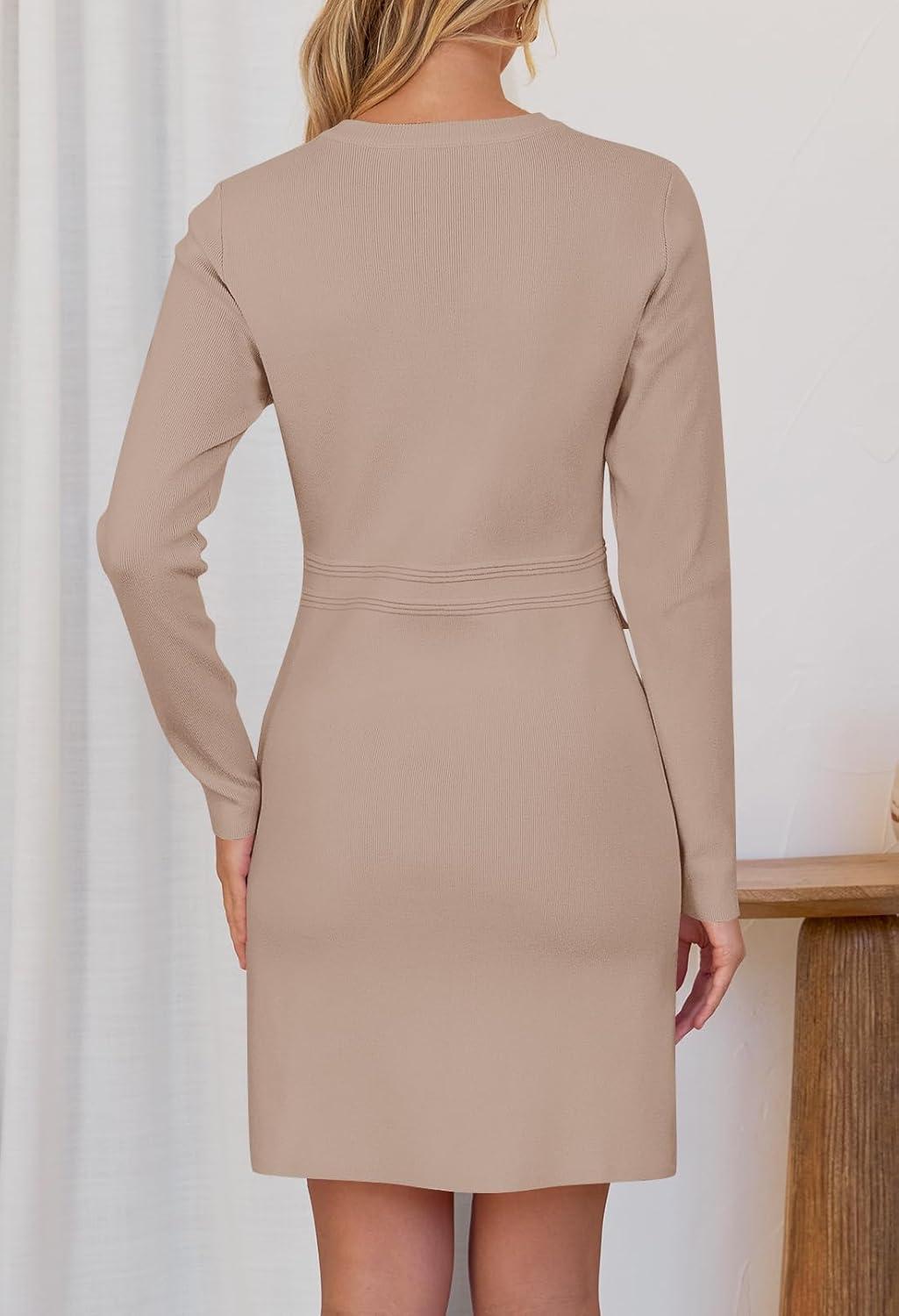 imageMEROKEETY Womens Fall 2026 Long Sleeve Bodycon Sweater Dress Button Crew Neck Winter Formal Mini DressesKhaki