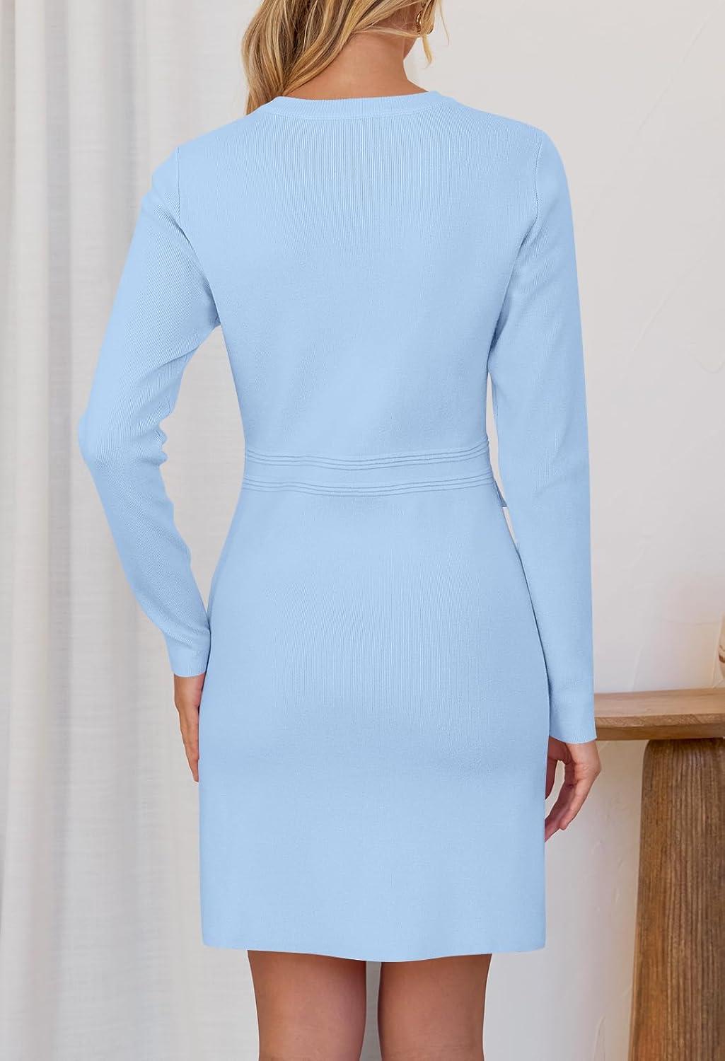 imageMEROKEETY Womens Fall 2026 Long Sleeve Bodycon Sweater Dress Button Crew Neck Winter Formal Mini DressesLight Blue