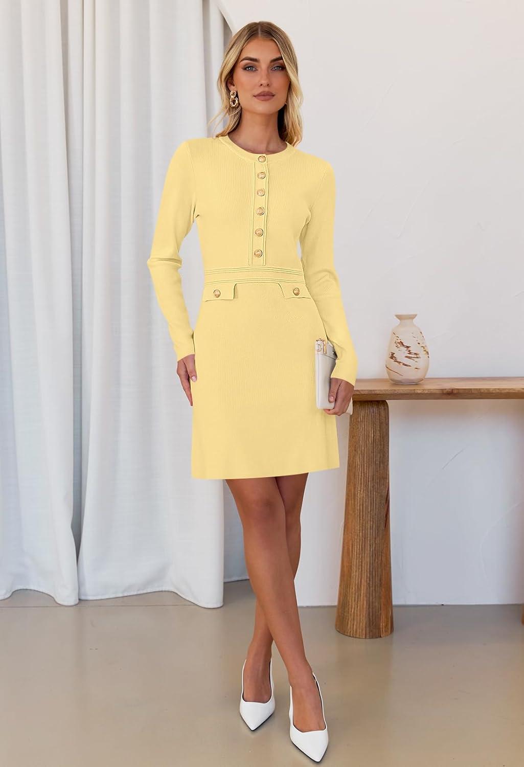imageMEROKEETY Womens Fall 2026 Long Sleeve Bodycon Sweater Dress Button Crew Neck Winter Formal Mini DressesLight Yellow