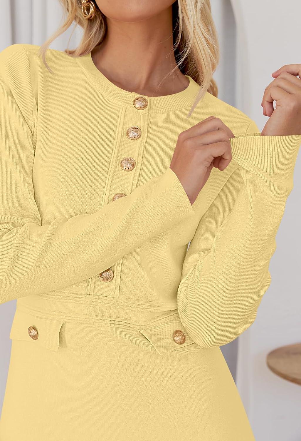 imageMEROKEETY Womens Fall 2026 Long Sleeve Bodycon Sweater Dress Button Crew Neck Winter Formal Mini DressesLight Yellow