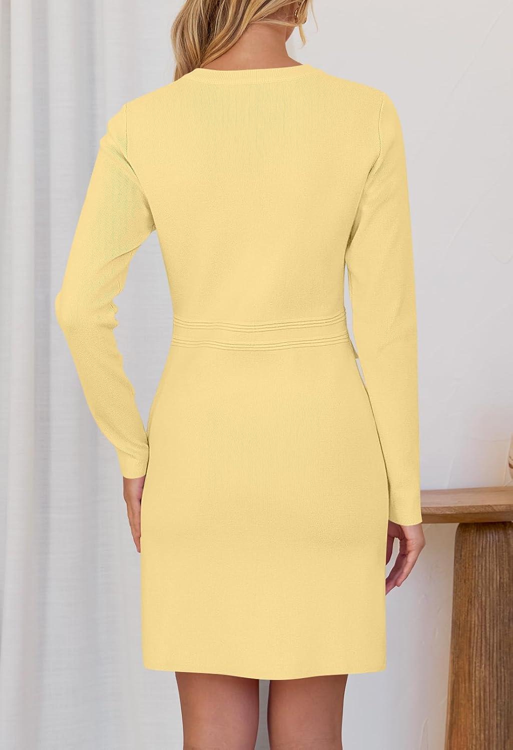 imageMEROKEETY Womens Fall 2026 Long Sleeve Bodycon Sweater Dress Button Crew Neck Winter Formal Mini DressesLight Yellow