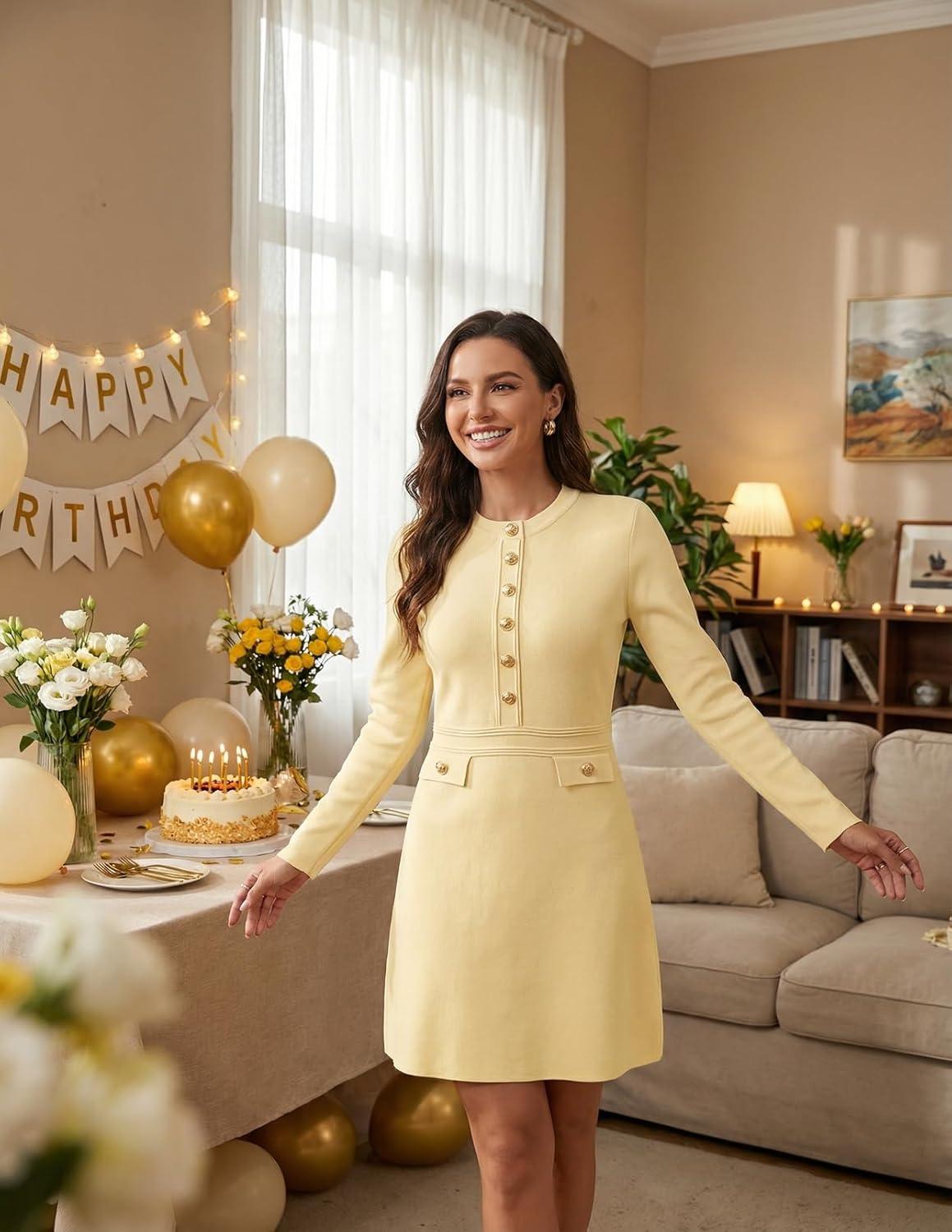imageMEROKEETY Womens Fall 2026 Long Sleeve Bodycon Sweater Dress Button Crew Neck Winter Formal Mini DressesLight Yellow