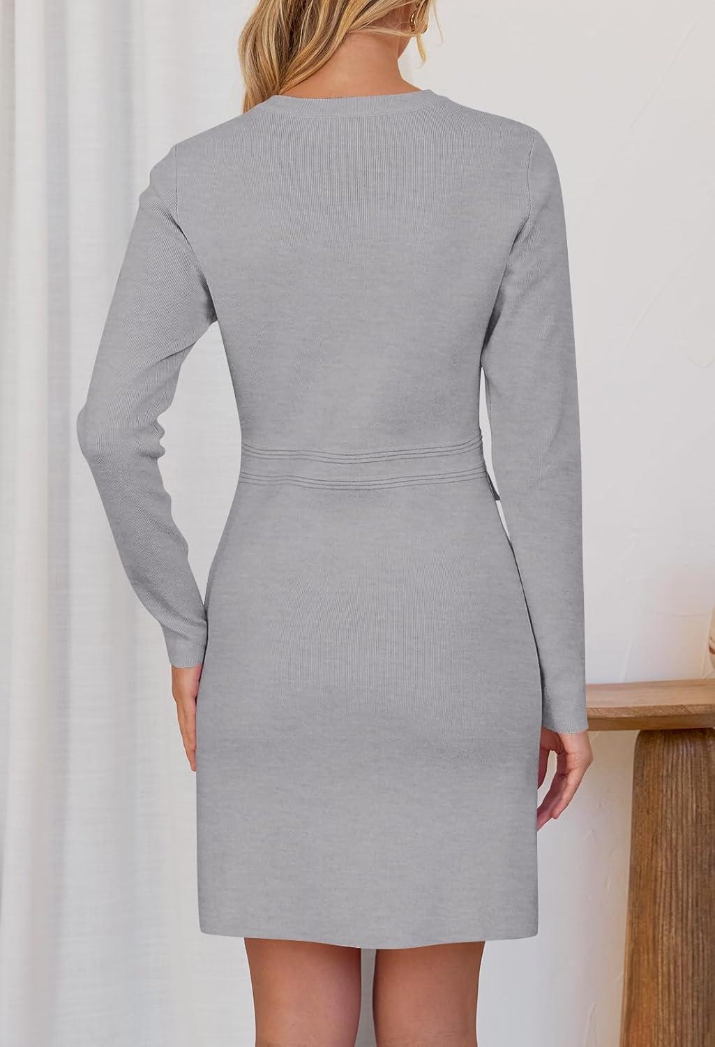 imageMEROKEETY Womens Fall 2026 Long Sleeve Bodycon Sweater Dress Button Crew Neck Winter Formal Mini DressesLightgrey