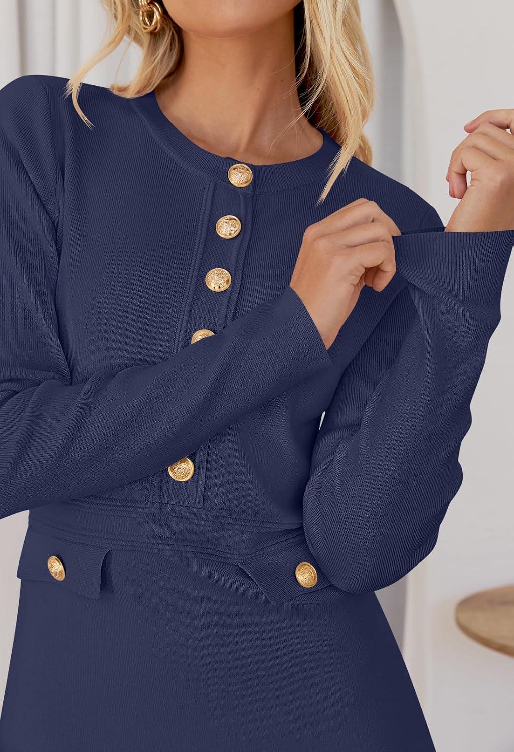 imageMEROKEETY Womens Fall 2026 Long Sleeve Bodycon Sweater Dress Button Crew Neck Winter Formal Mini DressesNavy