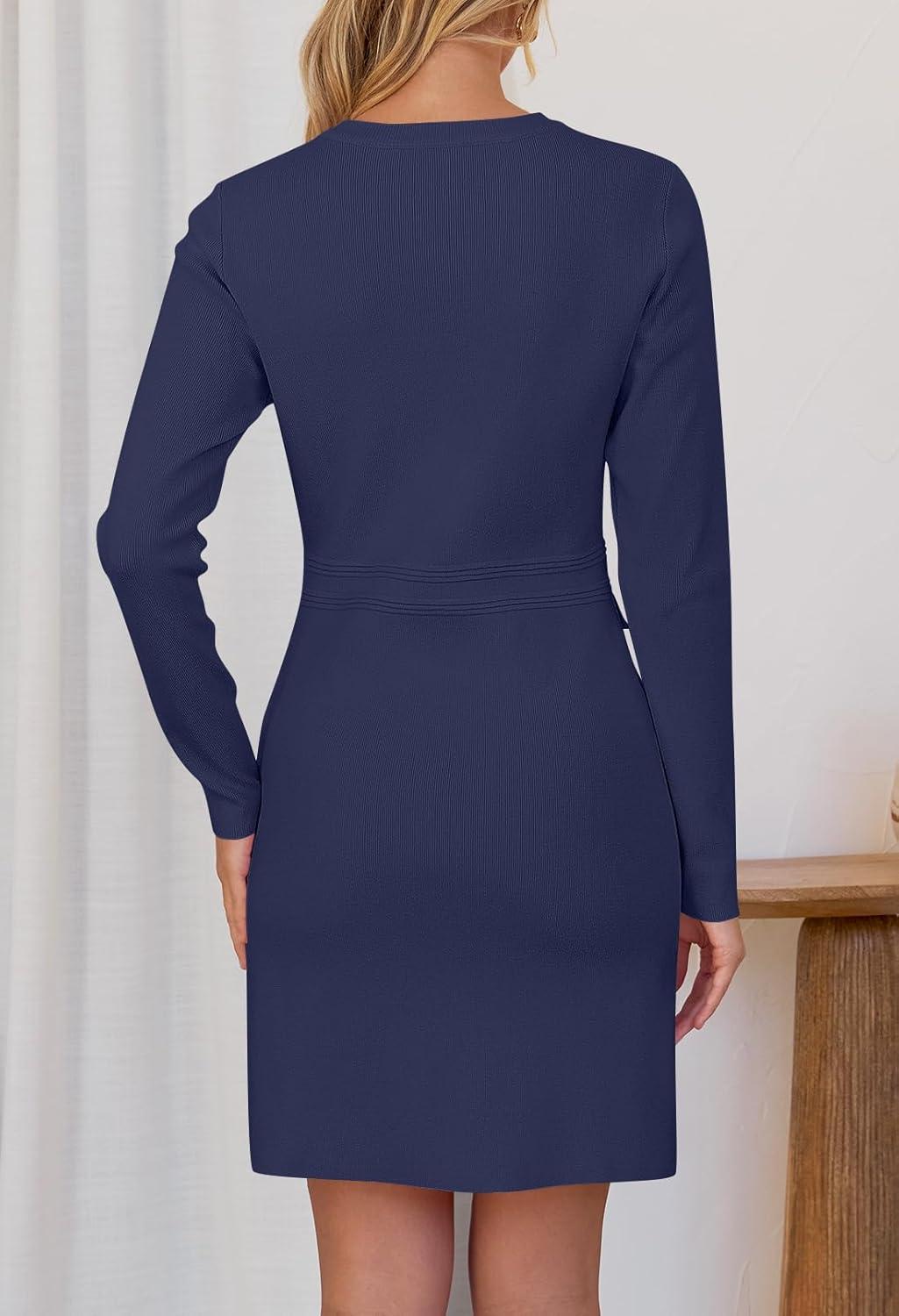 imageMEROKEETY Womens Fall 2026 Long Sleeve Bodycon Sweater Dress Button Crew Neck Winter Formal Mini DressesNavy