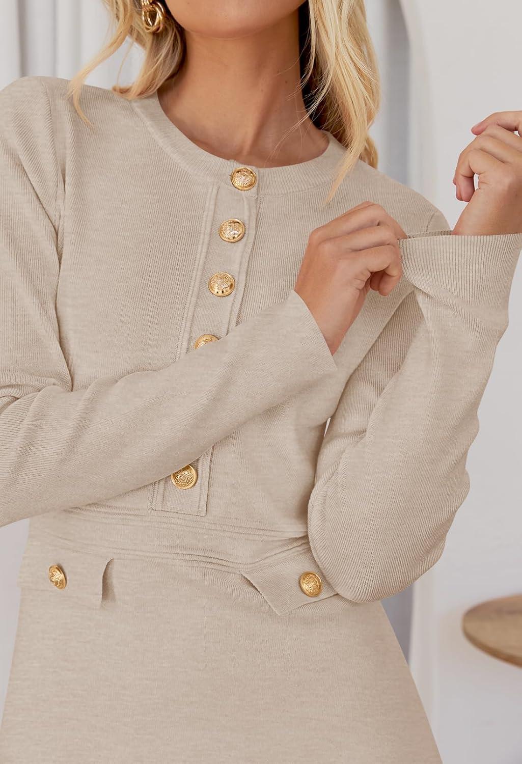 imageMEROKEETY Womens Fall 2026 Long Sleeve Bodycon Sweater Dress Button Crew Neck Winter Formal Mini DressesOatmeal