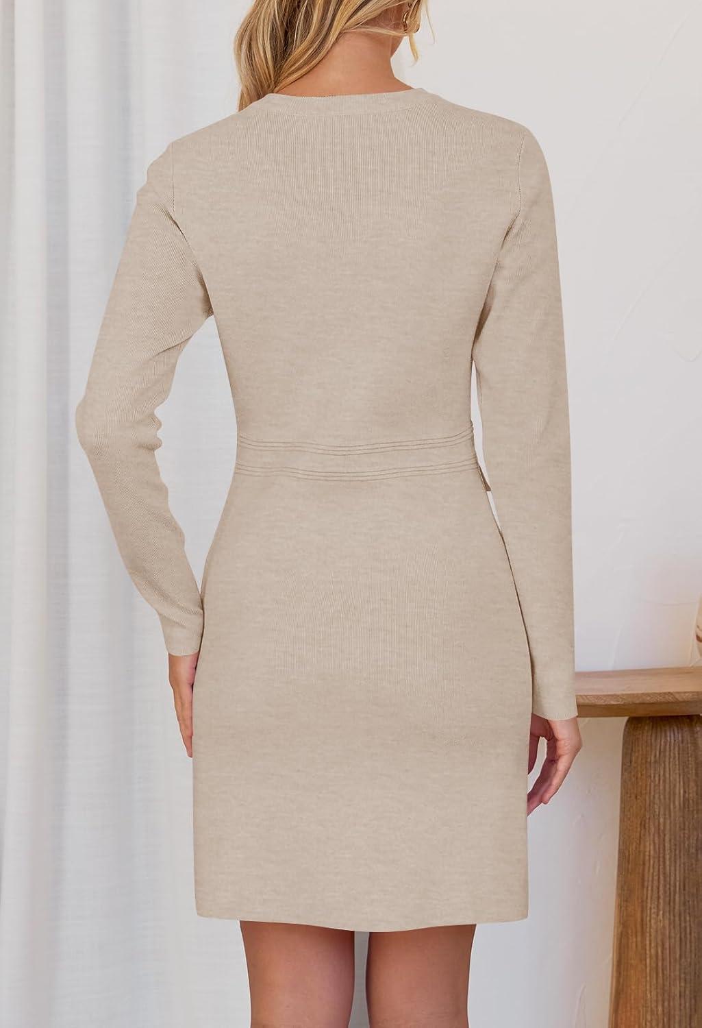 imageMEROKEETY Womens Fall 2026 Long Sleeve Bodycon Sweater Dress Button Crew Neck Winter Formal Mini DressesOatmeal