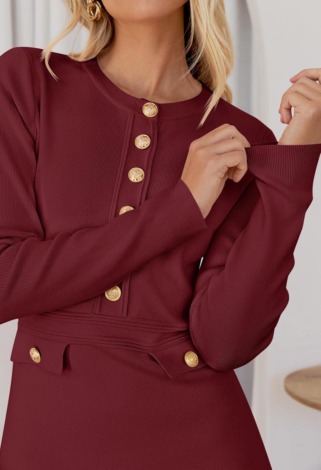 imageMEROKEETY Womens Fall 2026 Long Sleeve Bodycon Sweater Dress Button Crew Neck Winter Formal Mini DressesWine