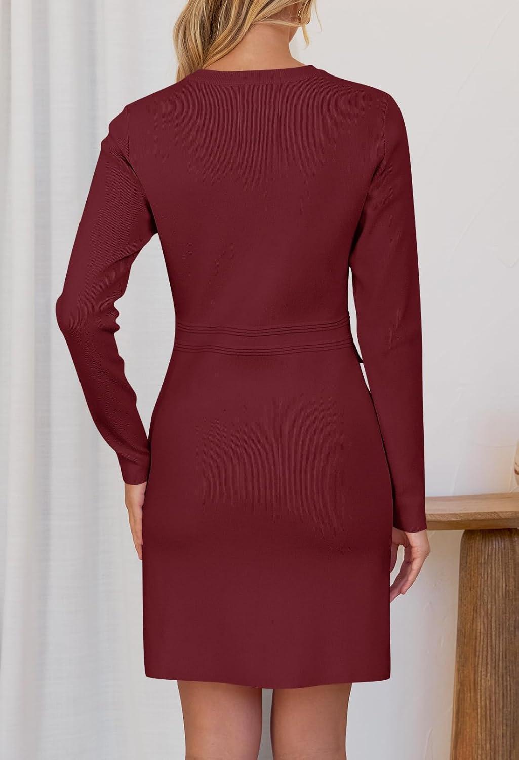 imageMEROKEETY Womens Fall 2026 Long Sleeve Bodycon Sweater Dress Button Crew Neck Winter Formal Mini DressesWine