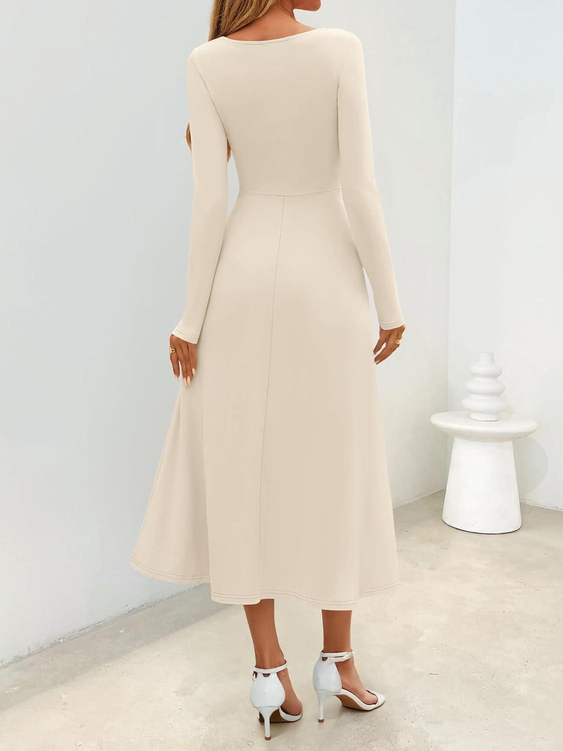 imageMEROKEETY Womens Fall Dresses 2025 Long Sleeve Square Neck Elegant Classy Winter Cocktail Wedding Guest Midi DressApricot