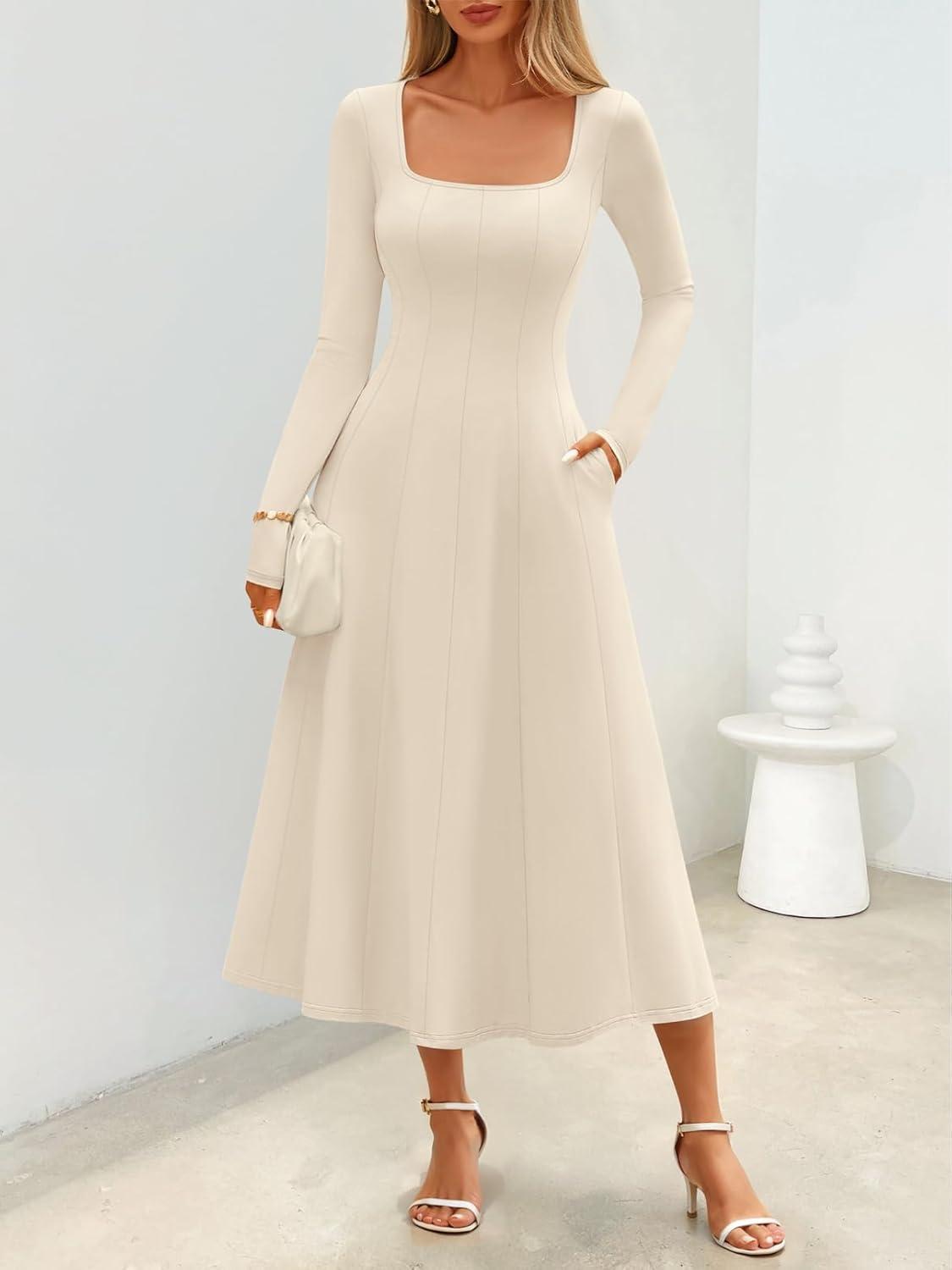 imageMEROKEETY Womens Fall Dresses 2025 Long Sleeve Square Neck Elegant Classy Winter Cocktail Wedding Guest Midi DressApricot