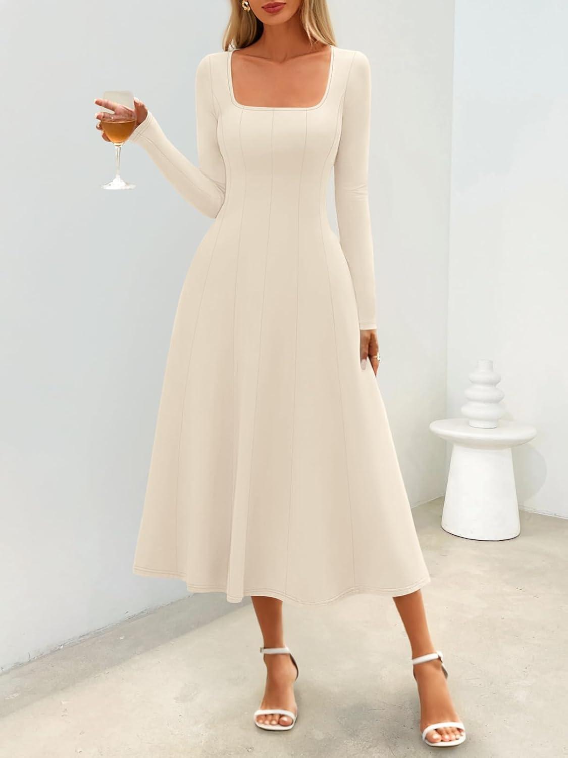 imageMEROKEETY Womens Fall Dresses 2025 Long Sleeve Square Neck Elegant Classy Winter Cocktail Wedding Guest Midi DressApricot